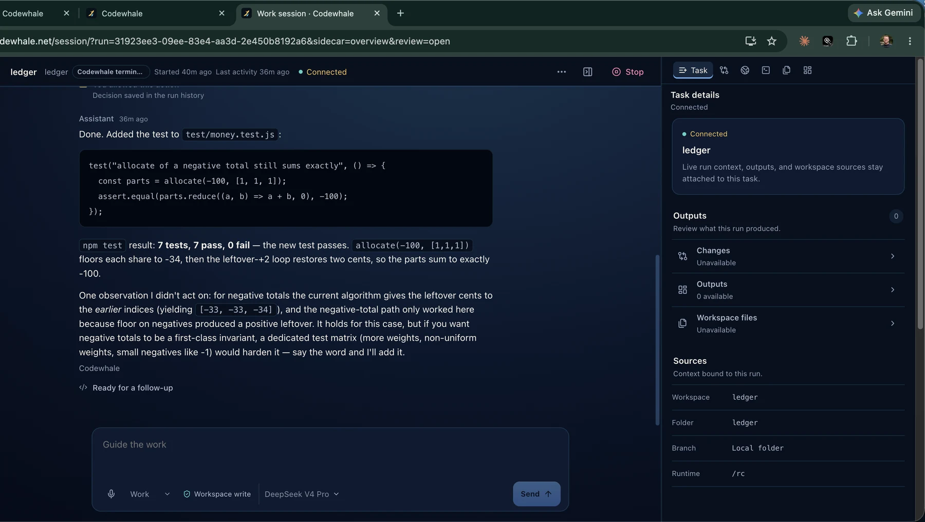 A Codewhale browser session showing completed code changes and test results